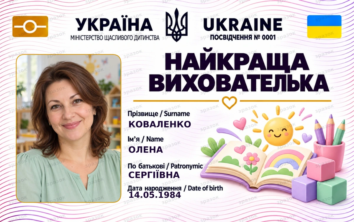 Посвідчення «Найкраща вихователька» з фото — щасливе дитинство