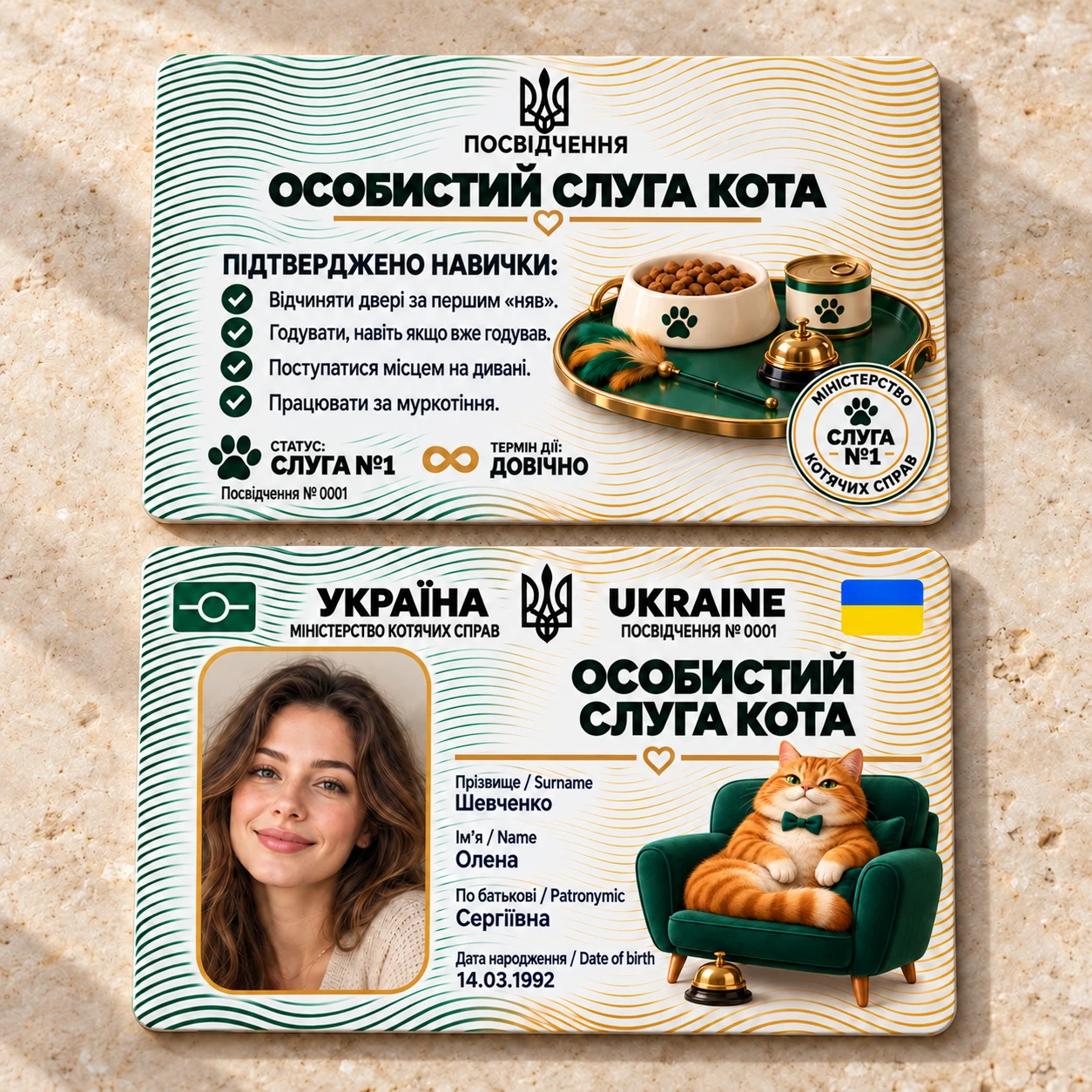 Посвідчення «Особистий слуга кота» з фото — прикольний подарунок власнику кота — фото 3