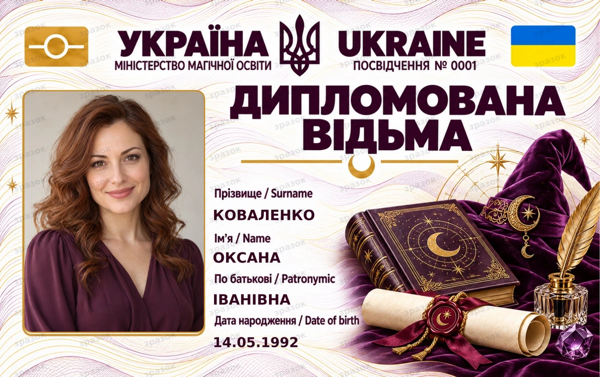 Удостоверение «Дипломированная ведьма» с фото