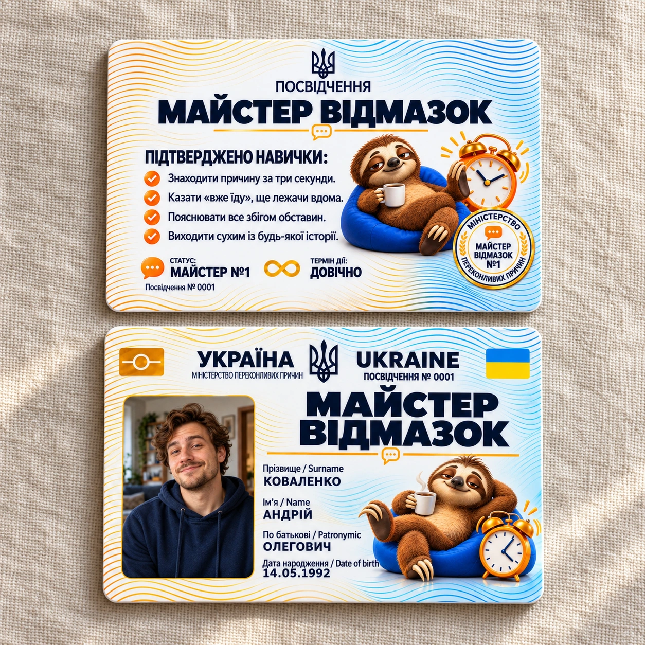 Удостоверение «Мастер отговорок» с фото — ленивец и будильник — фото 3