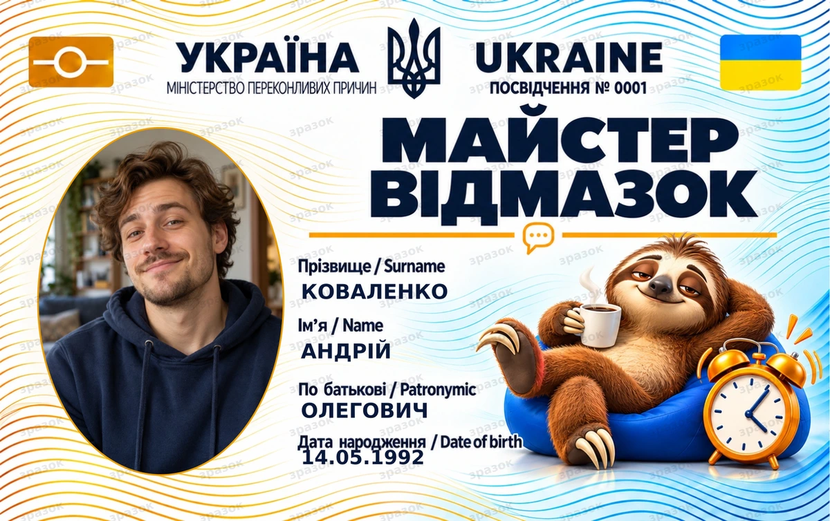 Посвідчення «Майстер відмазок» з фото — лінивець і будильник