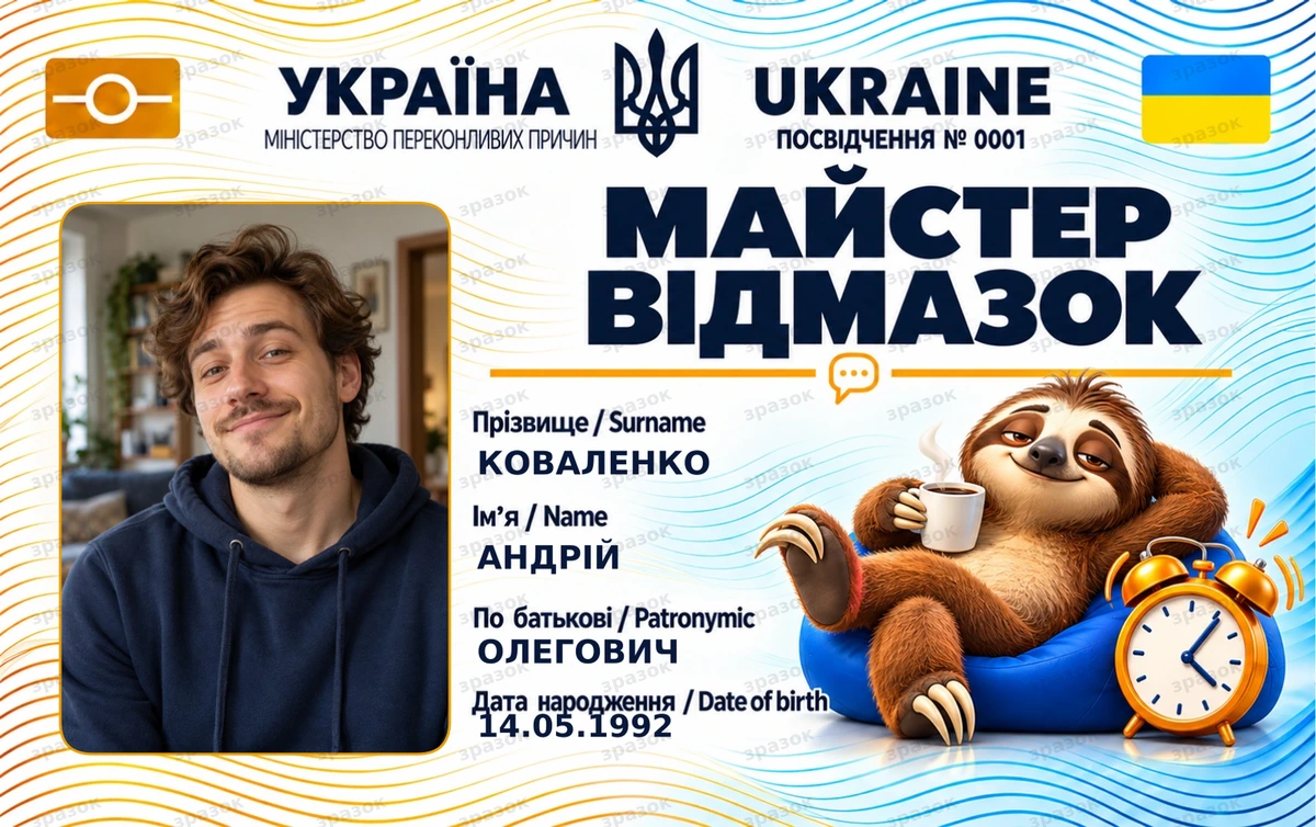 Удостоверение «Мастер отговорок» с фото — ленивец и будильник