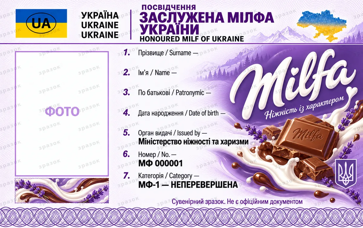 Удостоверение «Заслуженная милфа Украины»