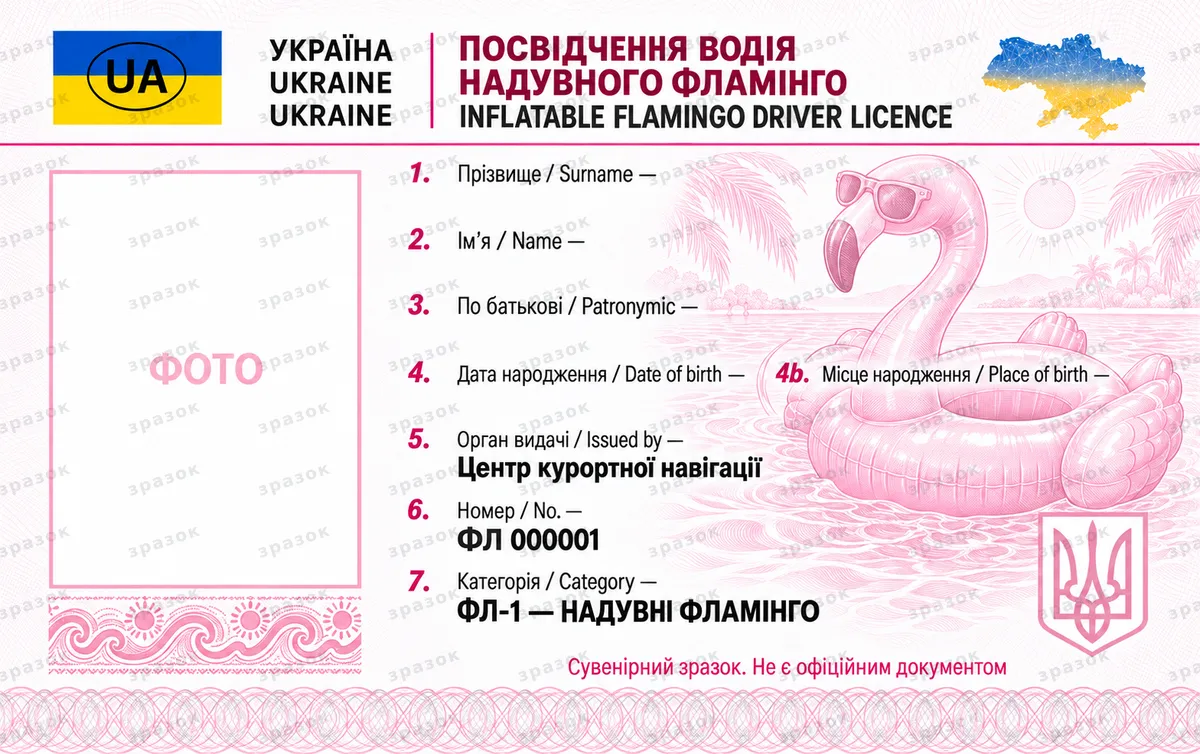 Удостоверение водителя надувного фламинго