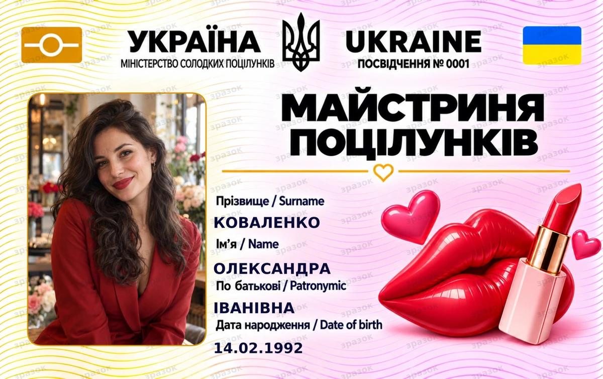 Посвідчення «Майстриня поцілунків» з фото — подарунок коханій