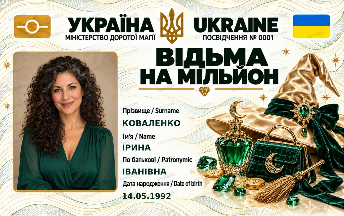 Удостоверение «Ведьма на миллион» — изумрудная версия с фото