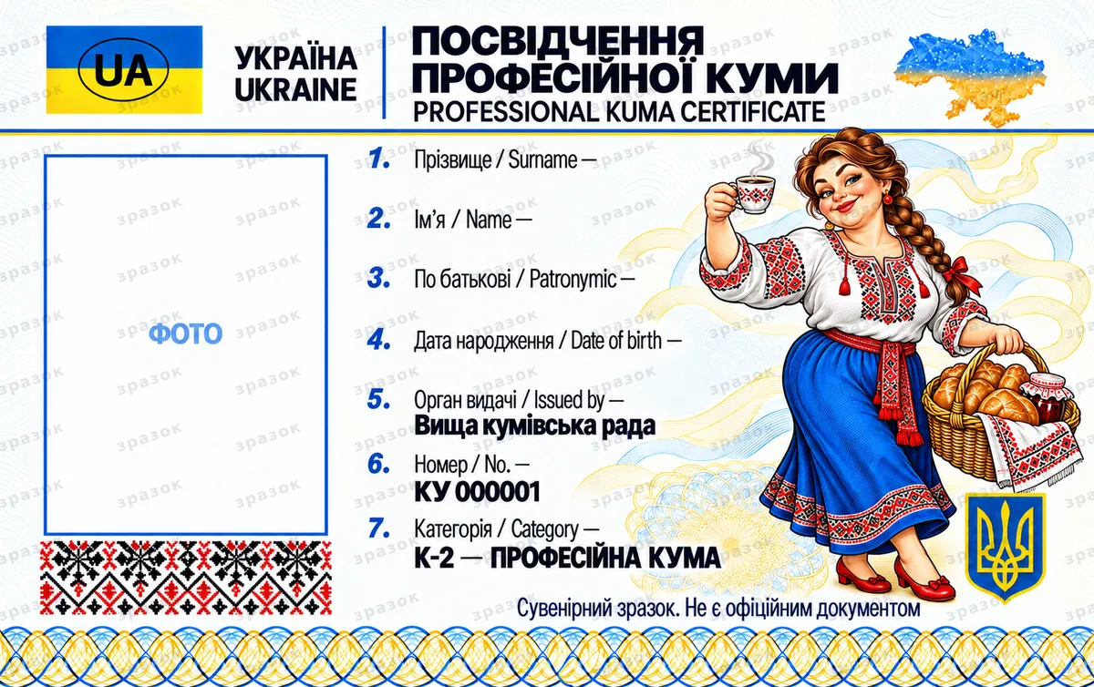 Удостоверение профессиональной кумы — сувенирная карта