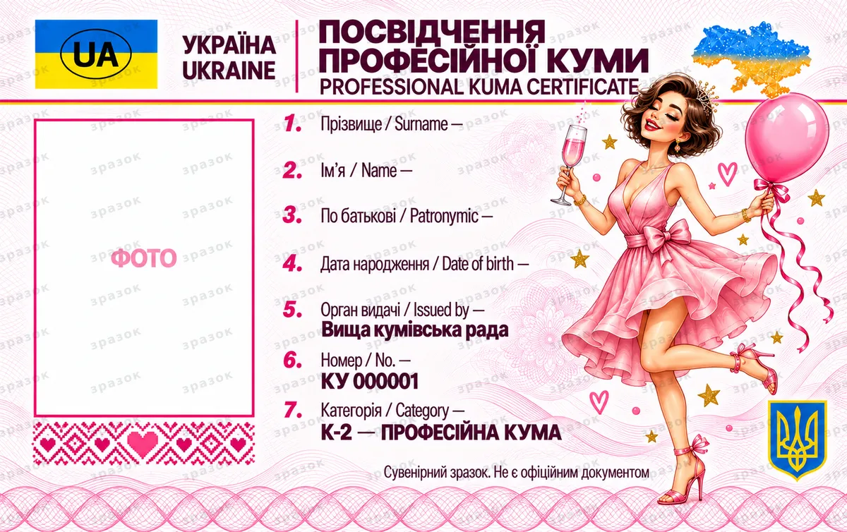 Удостоверение профессиональной кумы — розовый вариант