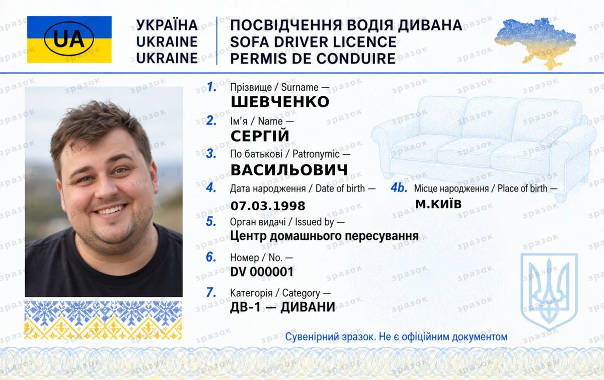 Права на диван — удостоверение водителя дивана